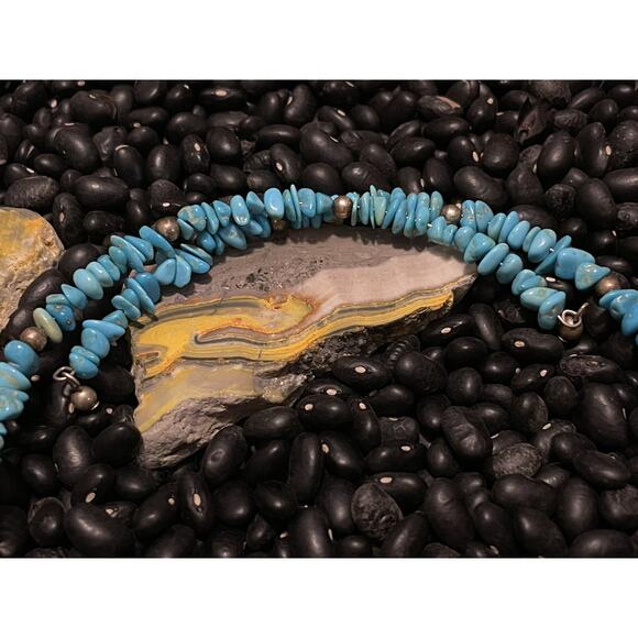 Native American Sterling Navajo Pearl & Blue Turquoise Chip Choker Wrap Necklace - Picture 6 of 9